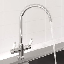Traditional Mono Kitchen Sink Mixer Tap Twin Lever Handles Swivel Spout Chrome