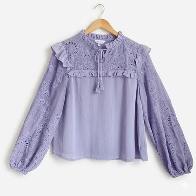 Lilac Embroidered Boho Blouse Top Size 14 Broderie Anglaise Ruffle everbelle