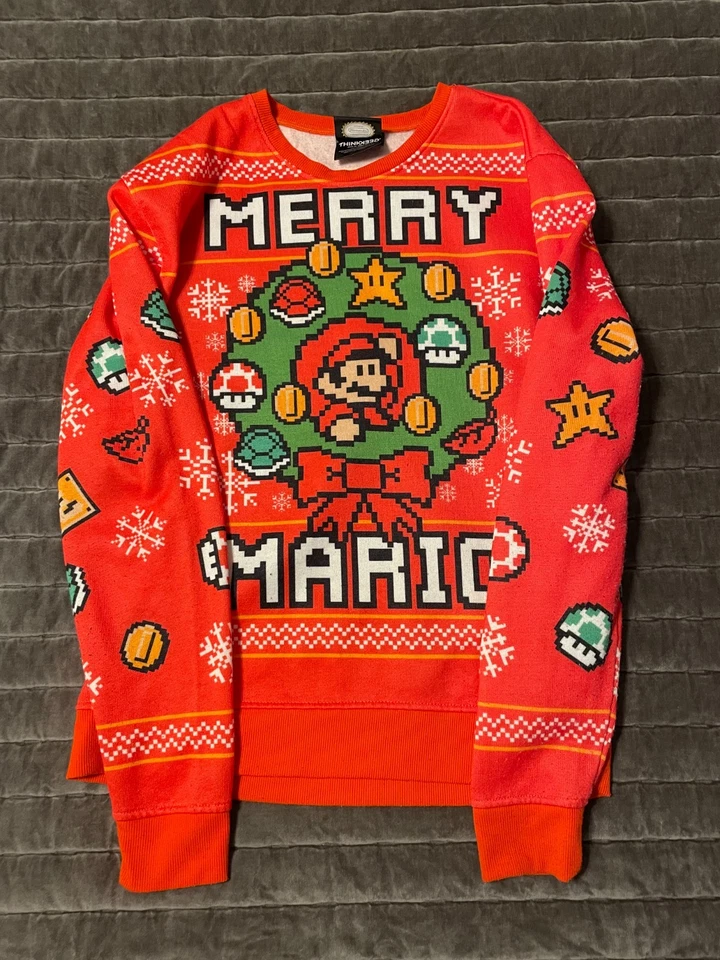 NINTENDO Super Mario Bros. MERRY MARIO Feo L Hombres Navidad Suéter Naranja Rojo Foto 3 de 4