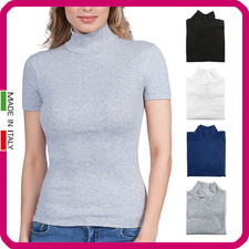 Lupetto Donna Cotone Manica Corta Maglia Intima a Collo Alto Maglietta T-shirt