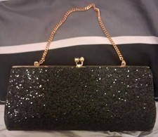 Vintage Black Sparkly Kisslock Evening Bag Clutch Purse Gold Tone Clasp Chain