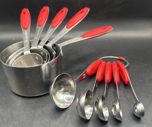 10 Pc Set Stainless Steel Measuring Cups & Spoons Red Silicone Grip Handle