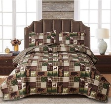 Reversible Lodge Plaid Bedding Moose Bear Quilt Twin Size Rustic Bedspread Ca...