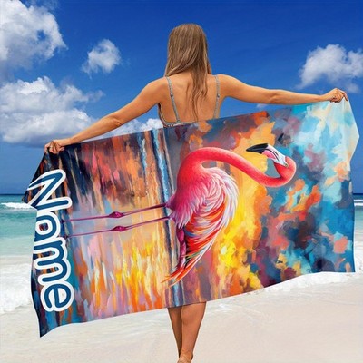1pc ized Name/Text Beach Towel with Name - Pink Flamingo & Flamingos Sunset De
