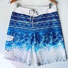 Ocean Current Swim Trunks Mens32 Blue White Water Waves Beach Board Shorts