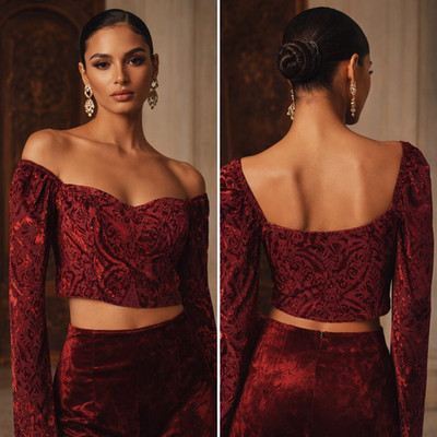 Kourt Burgundy Burnout Velvet Corset Top Long Sleeve Square Neck Romantic Size S