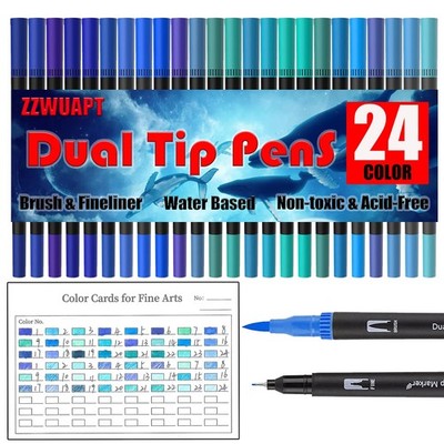 Blue Double Tip Brush Pens Art Markers,24 Colored Artist Fine Brush Pen Color...
