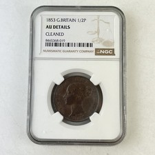NGC Graded 1853 Great Britain Half Penny 1/2p Uncirculated AU Details Cleaned