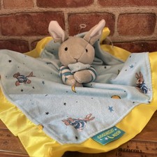 Goodnight Moon Lovie Security Blanket Lovey Bunny Blue Yellow Satin Silk trim
