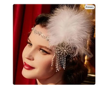 FLAPPER HEADBAND - Silvery Gatsby Rhinestone Bridal Feather Headdress
