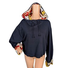 Zara Basic Oversized Boxy Hoodie M Black Jersey Colorful Satin Trim Detail