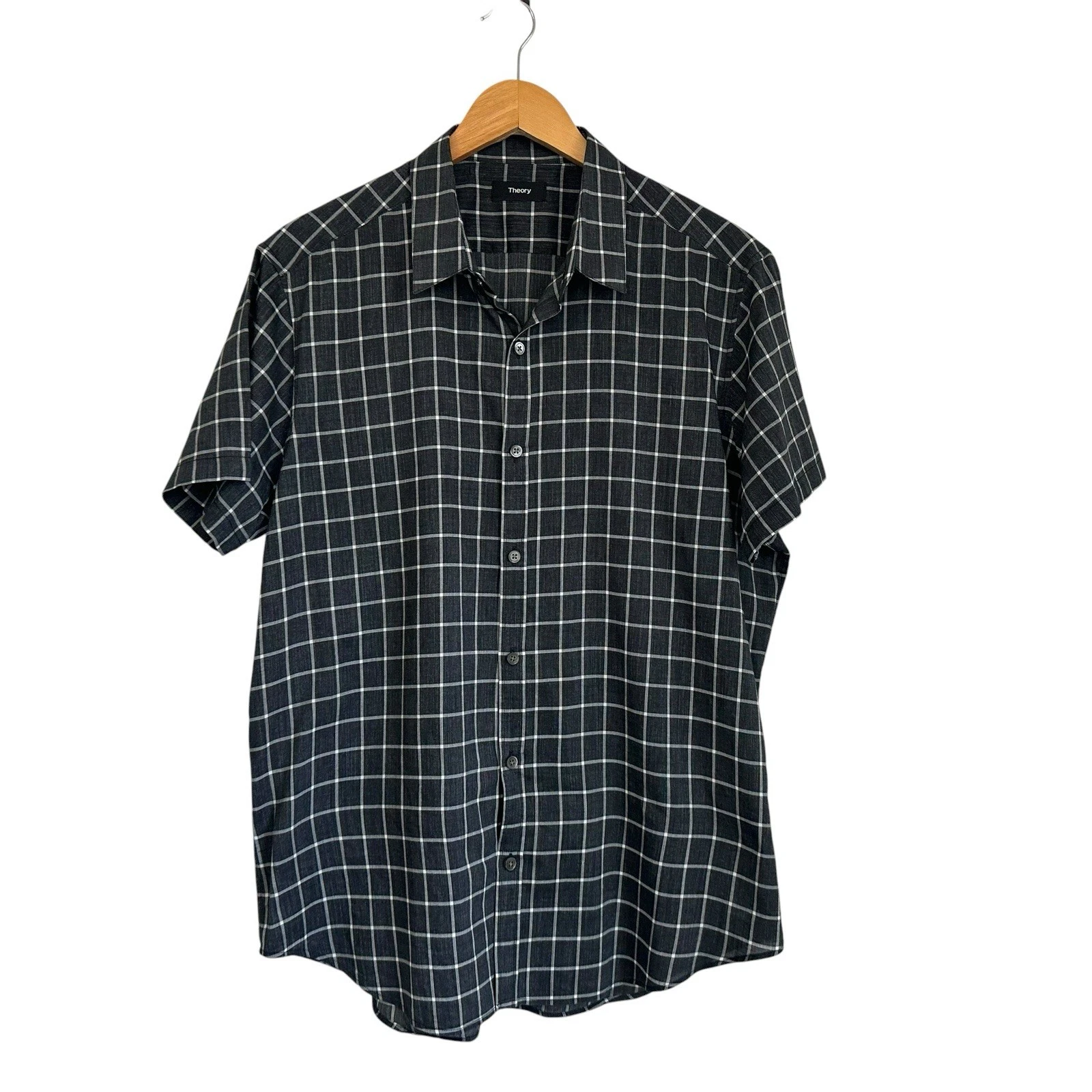 THEORY Mens Zack Plaid Short Sleeve Button Up Shirt Sz XL Blue Cotton Blend