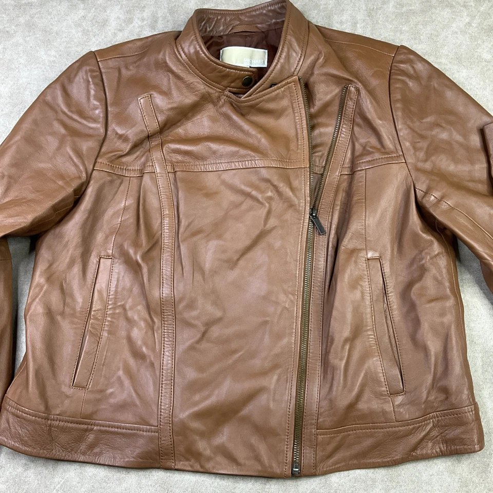 Michael Kors Jacket Lambskin Leather Moto Asymmetrical Zip Pockets Women Sz 1X - Image 3 of 4