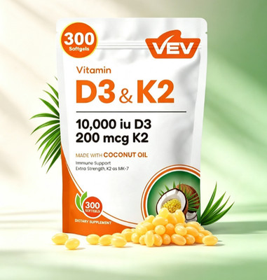 VEV Vitamin D3 & K2 10000 IU D3 200mcg K2 MK 7 with Coconut Oil 300 Softgels NEW
