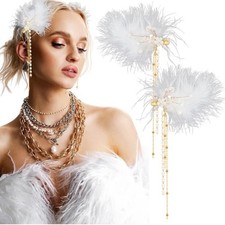 2 Pcs White Feather Hair Clips with Pearl Tassels Ballet Style Pearl Flower