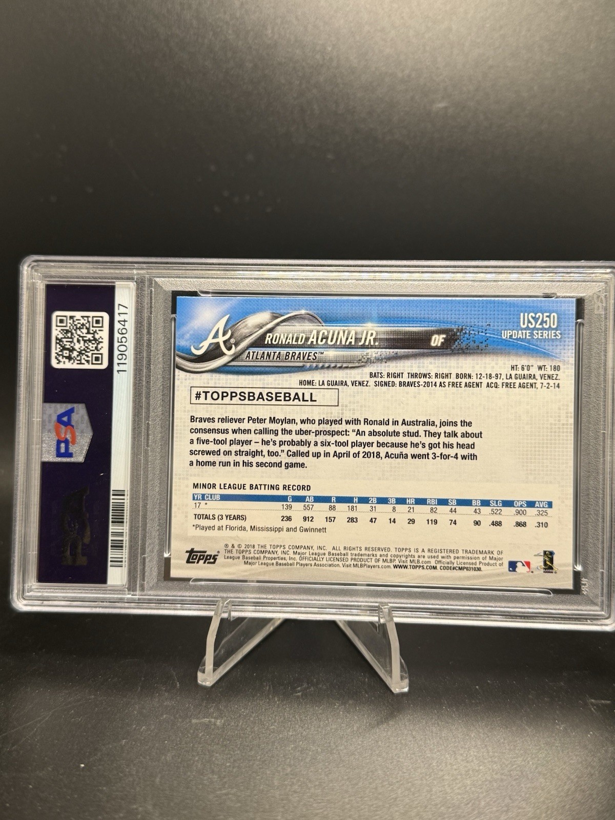 2018 Ronald Acuna Jr Topps Update Red And Blue Shirt  SP PSA 9 RC #US250 view 2
