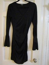Express Black Long Bell Sleeve Ruched Sheath Dress V Neck Pullover Size M