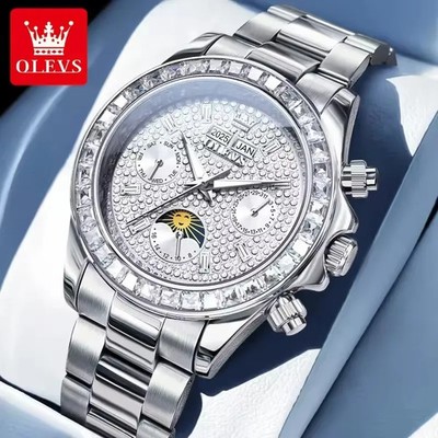 OLEVS Luxury Men's Watch Moon Phase Dial Automatic Mechanical Date Wristwatch