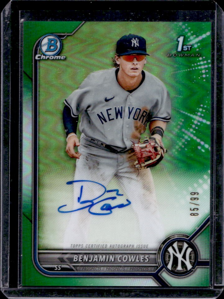 2022 Bowman Chrome Benjamin Cowles Auto Green Refractor 1st Prospect #85/99