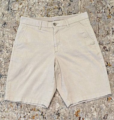 Marc Anthony Beige Solid Men's Flat Front Chino Stretch Shorts Cotton Button