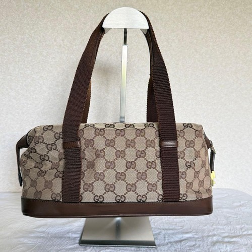 GUCCI GG Tote Hand Bag Ziplock Leather Canvas Brown Beige Silver Hardware Japan