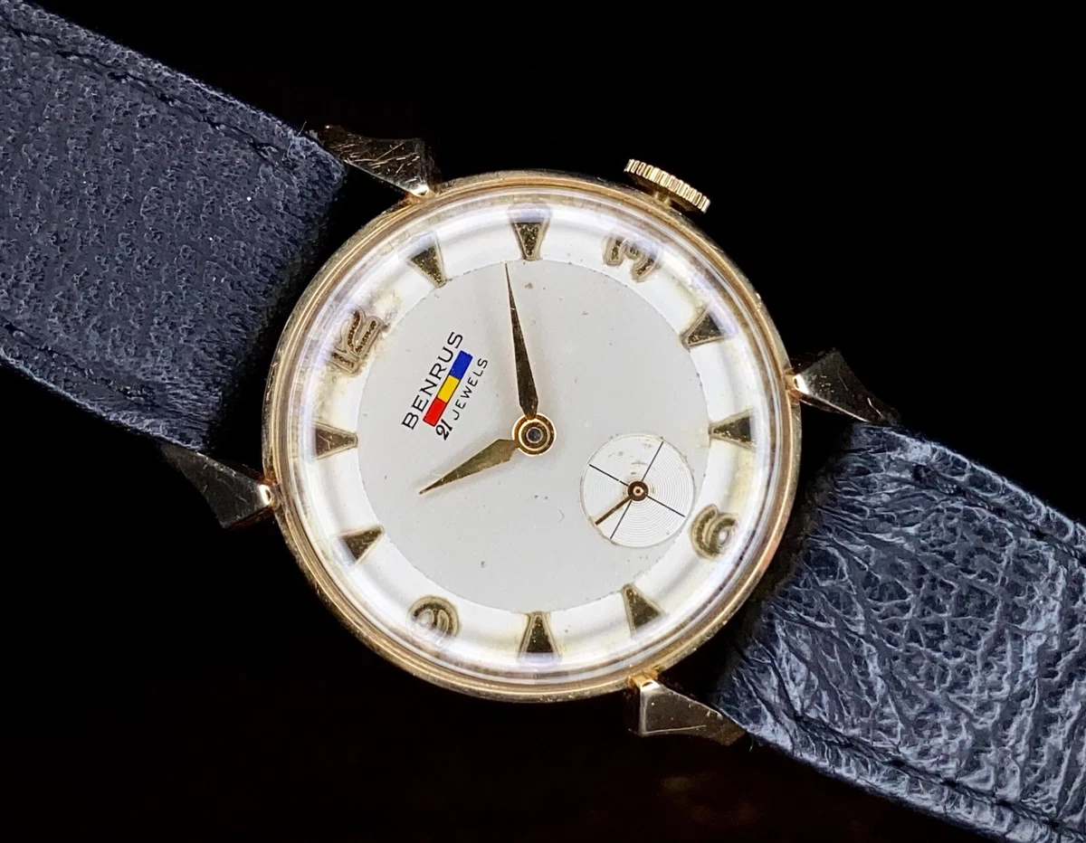 1950s gents 14k Gold Benrus watch with horn lugs serviced DN 411