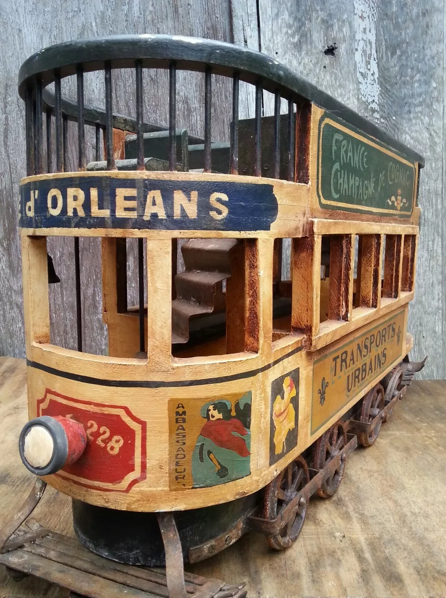 Vintage French wood & cast iron Double Decker street trolley display model, 26