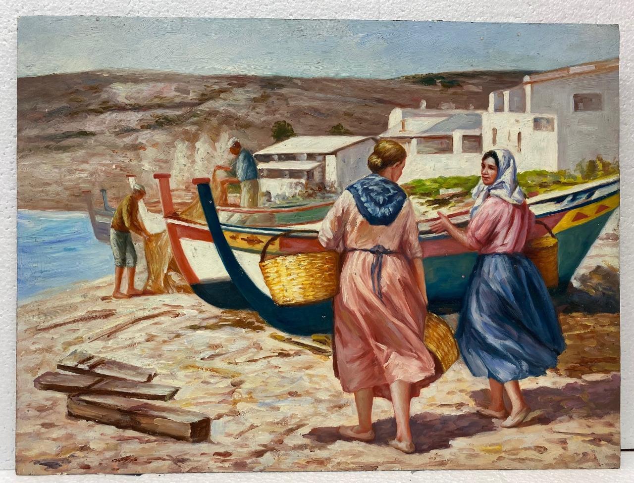 Pintura al óleo pintada a mano 16"" x 12"" Mediterráneo Costa Mar Playa Barcos Escena