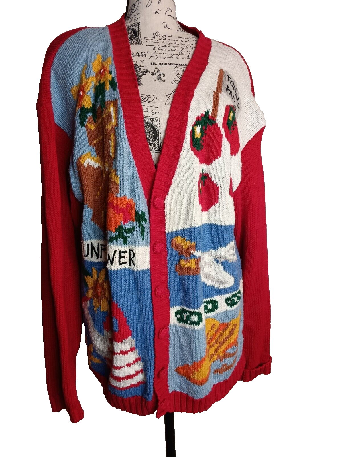 Vtg. Alexandra Bartlett Large Cardigan Sweater Garden Patchwork Sunflower Tomato