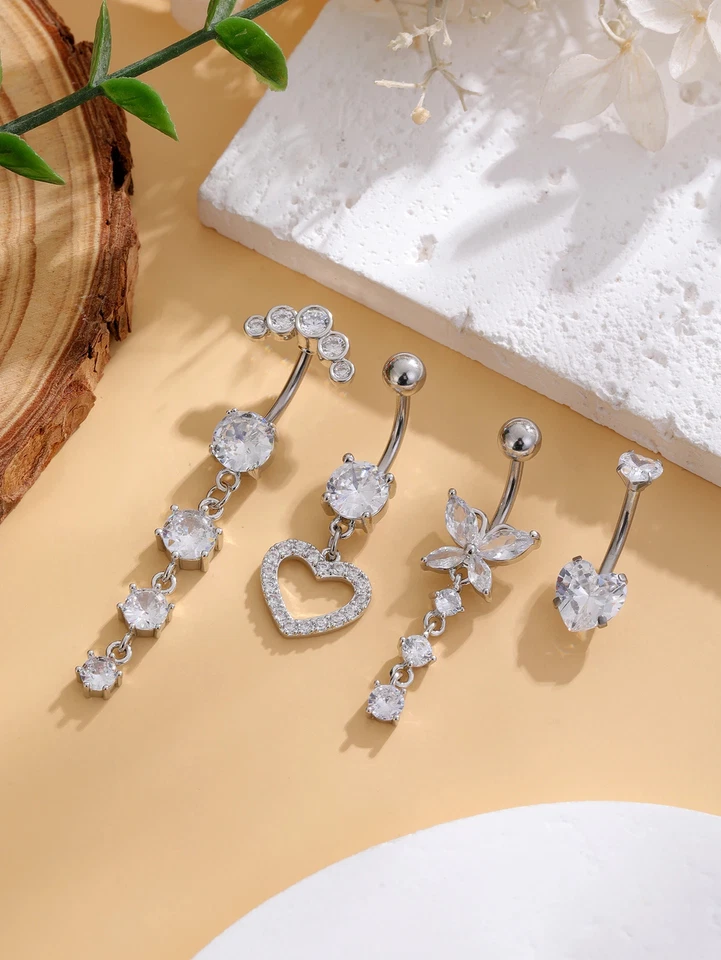 4Pcs 14G Butterfly Heart Belly Button Ring Surgical Steel CZ Belly Ring Piercing Foto 4 de 4
