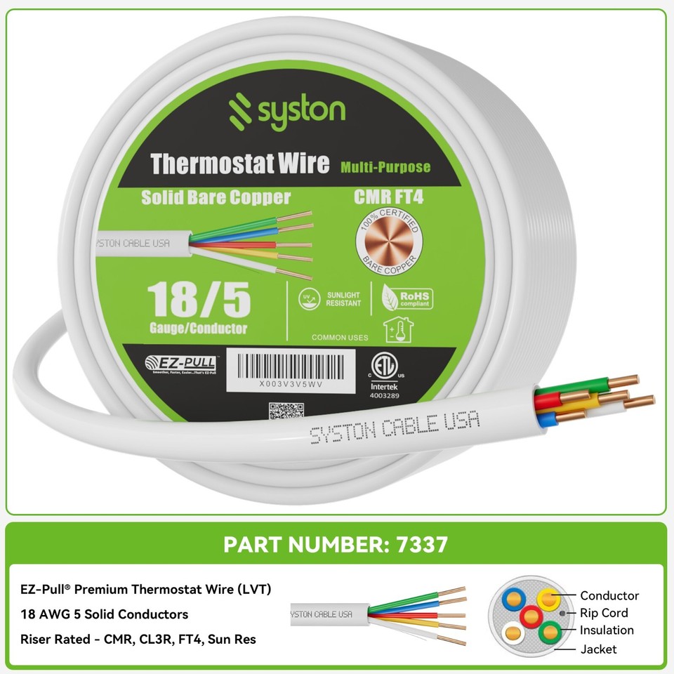 Control Wire R11869 Syston 18/5 Thermostat HVAC Control Cable Wire 18 Gauge 5 Conductors ...
