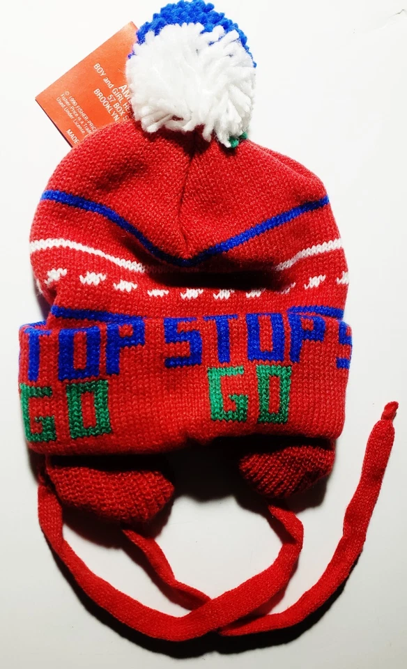 Gorro de lana Fisher-Price 1990 vintage *NUEVO con etiqueta* rojo y vehículos RARO DIFÍCIL DE ENCONTRAR Foto 2 de 2