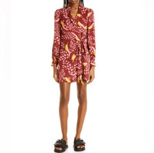 Farm Rio NWT Toucanissimo Long Sleeve Print Wrap Dress Burgundy Size Medium