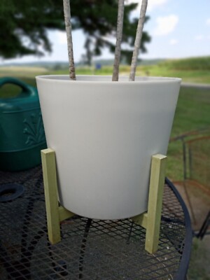 Eames Style Mid Century Modern White Planter Flower Pot in Wooden Stand
