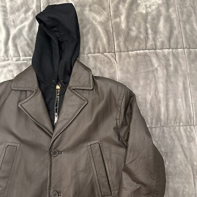 eXcelled Men s Collection Brown Long Leather Jacket With Hood Size Medium