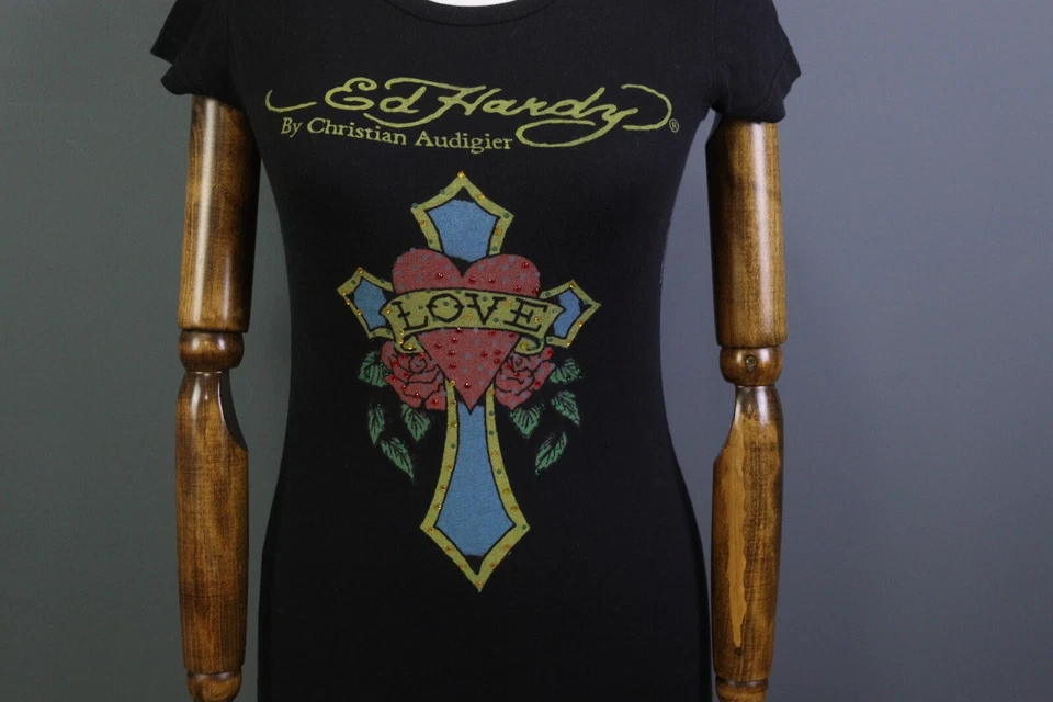 Ed Hardy By Christian Audigier Black Cap Sleeve Top Blouse Shirt Size XS - Image 4 of 4