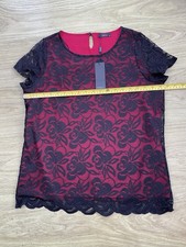 Image of M&Co. Size 12 Black Lace With red Lining Short Sleeved Button Back Top
