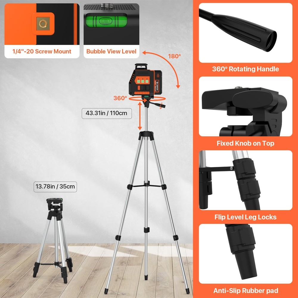 360° Laser Level with Tripod, Self Leveling Laser Level with Pulse Mode 3 Levels