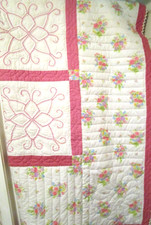 Hand Embroidered Quilted Blanket Pink White Floral 93x77 Pristine New  VIDEO