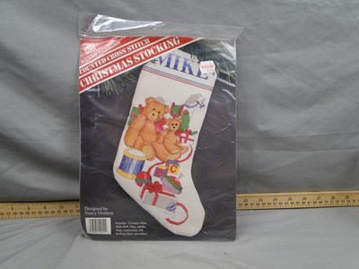 Vintage Counted Cross Stich Teddy Bear Toy Christmas Stocking Banar Sealed NOS