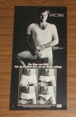 Seltene Werbung vintage HOM Slip Mini-Slip Shorty V-Hemd Herrenunterwäsche 1978