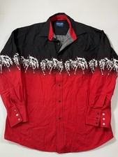 Vintage Wrangler Shirt Mens Large Red Wrap Around Horses Pearl Snap Western Y2K