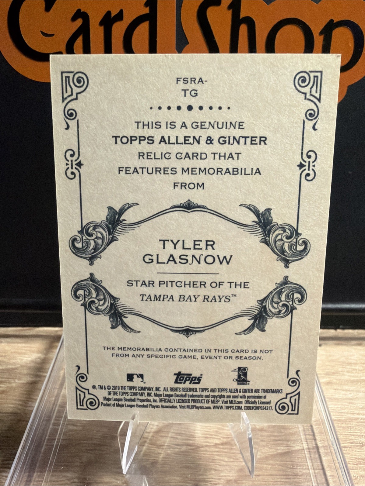 2019 Topps Allen & Ginter Baseball Relic #FSRA-TG Tyler Glasnow JERSEY game used view 2