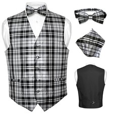 Men's Plaid Design Dress Vest BOWTie Black GRAY White BOW Tie Hanky Set Suit Tux
