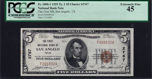 USPC FR#1800-1 1929 TYPE 1 $5 NBN SAN ANGELO, TX PMG 45 EF ((RARE & DESIRED)) - Picture 2 of 5