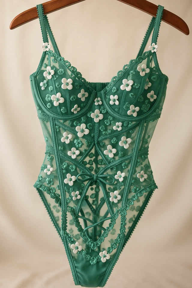 For Love & Lemons Floral Embroidered Mesh Bodysuit Teal Green 38B Sexy Lingerie - Image 2 of 4