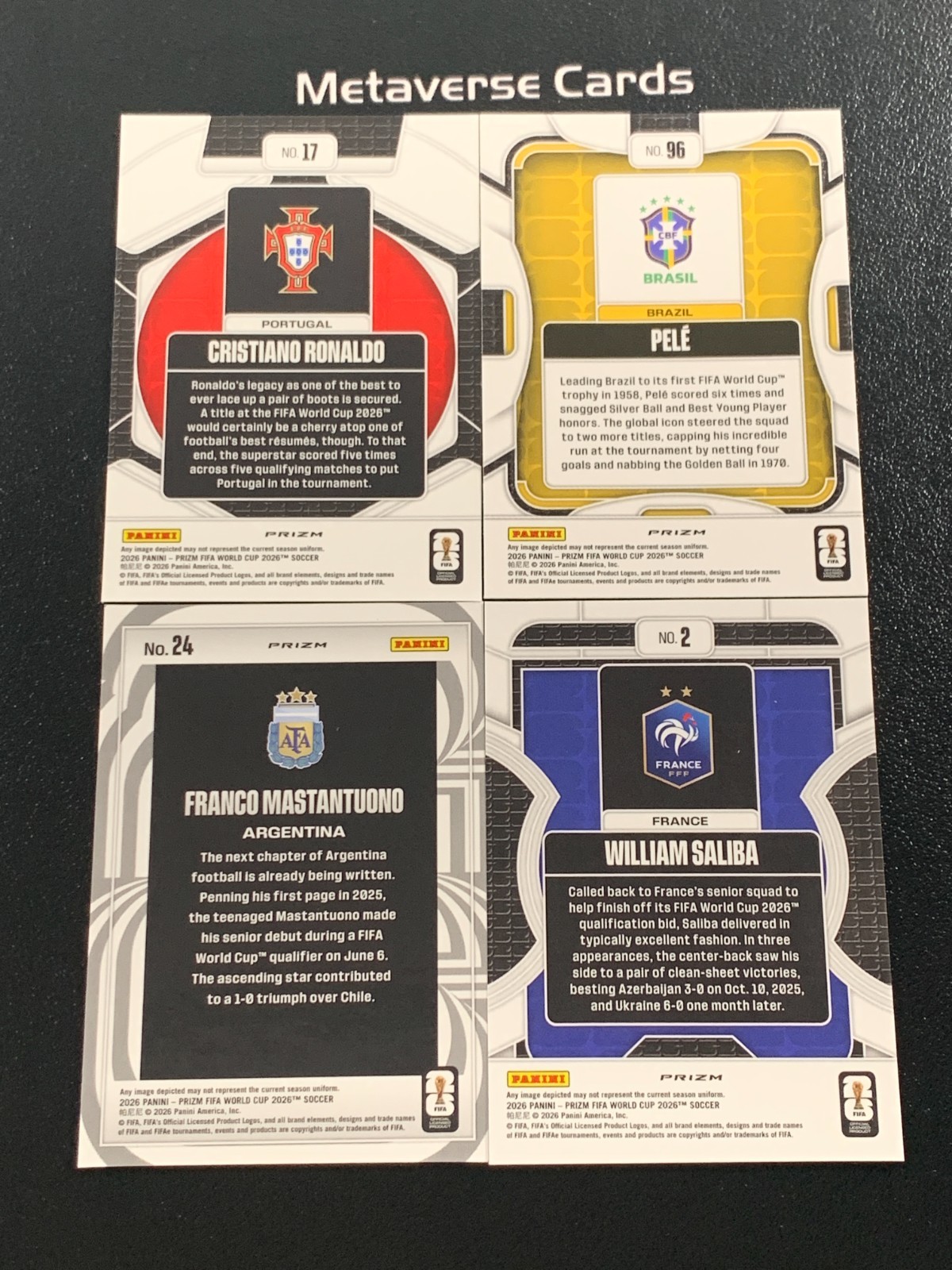 2026 Panini Prizm FIFA World Cup Silver & Insert Card Lot 4 Pele Ronaldo Saliba view 2