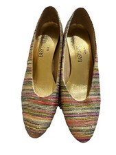 Vintage 90s Rainbow Striped Easy Street Multicolor Gold Flats