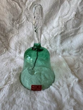 Vintage Hand Made Portugal Green Bell Clear Swirl Glass Handle Bell 6.5”