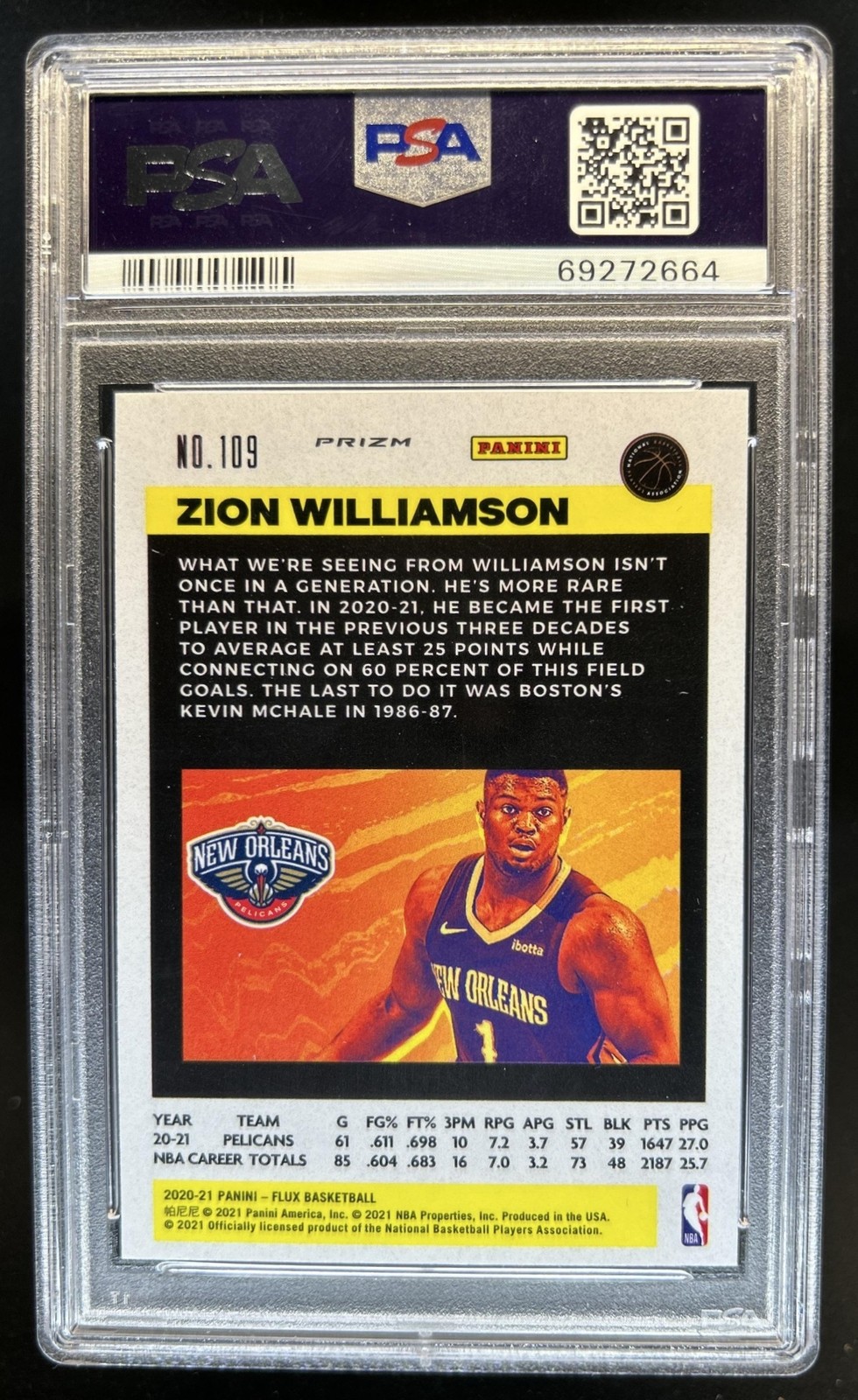 2020-21 Panini Flux Zion Williamson Laser #109 Pelicans PSA 10 GEM MINT view 2